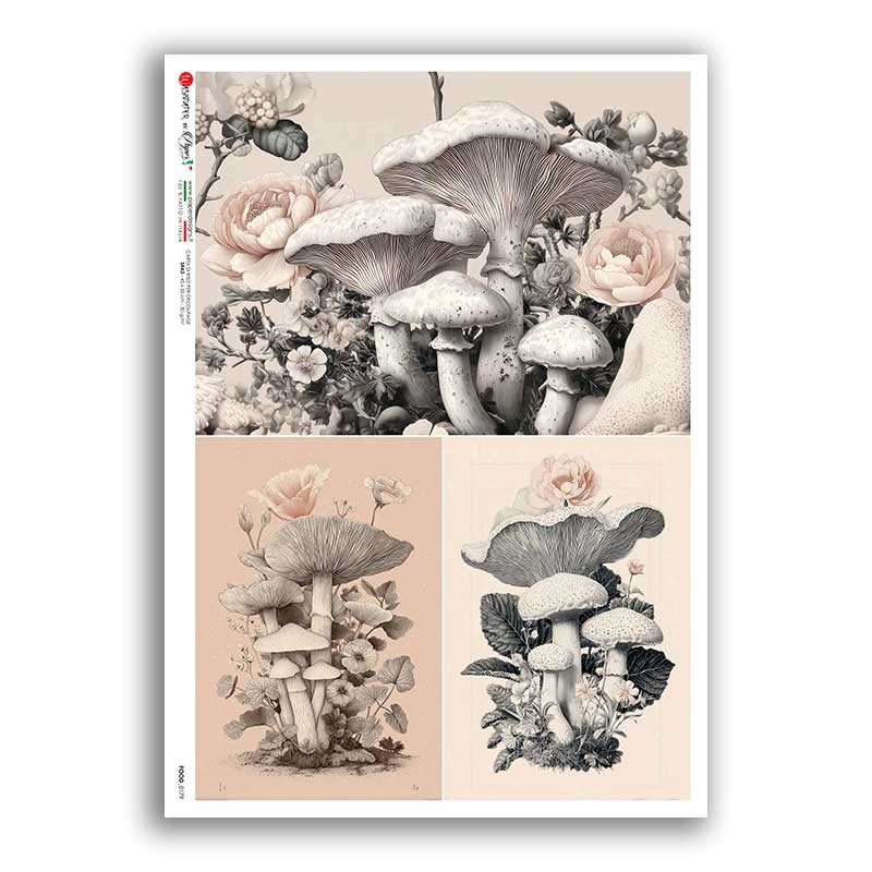 Three botanical-inspired panels combine cream and grey mushrooms with pale pink roses, small flowers and grey-green leaves.